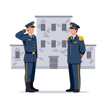 Two prison guards in formal blue uniforms standing outside a jail building, with one officer saluting the other as a sign of respect and protocol vector