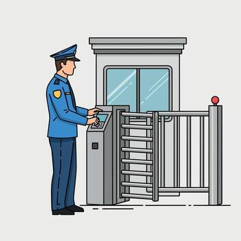 Security guard operating an electronic turnstile for access control at a checkpoint. illustration of a uniformed officer at a security booth vector