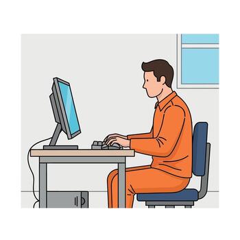 hombre en naranja mono trabajando en un computadora a un escritorio en un oficina ajuste vector