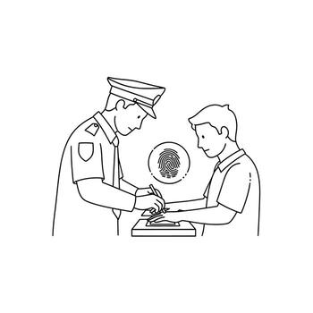 un sencillo línea dibujo ilustración de un oficial tomando un del hombre huella dactilar para biométrico identificación, identidad verificación, y seguridad antecedentes cheque vector