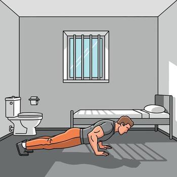 A man in a prison cell doing push-ups, symbolizing resilience and self-improvement in confinement vector