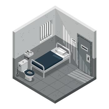 Isometric Illustration of an Empty Prison Cell, featuring a Bed, Toilet, and Barred Window, symbolizing Confinement, Isolation, and the Justice System vector