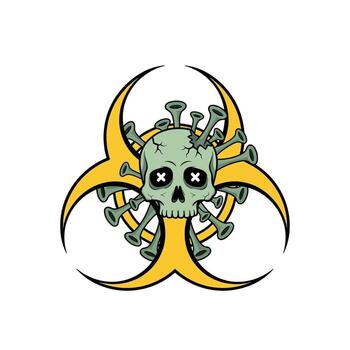 A chilling illustration of a skull fused with a deadly virus particle, set against a biohazard symbol representing a pandemic vector