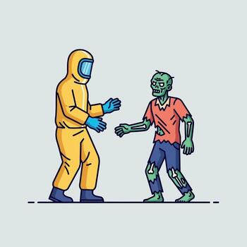 illustration of a scientist in a protective hazmat suit facing a green zombie during a pandemic outbreak vector