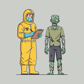 A scientist in a yellow protective hazmat suit carefully examines a green zombie, documenting data for a biological outbreak vector