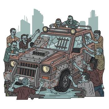 zombi apocalipsis un oxidando vehículo rodeado por el muertos vivientes en un solitario ciudad vector