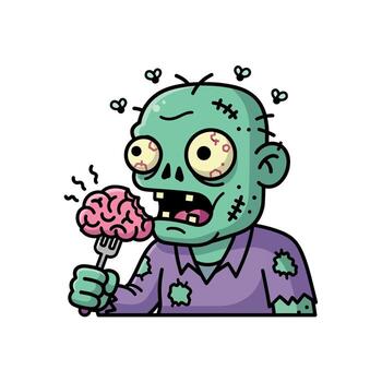 Humorous cartoon zombie character devouring a brain with a fork, surrounded by flies, in a flat art style for a fun and spooky design vector