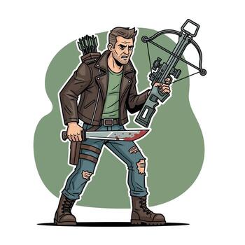 Fierce apocalyptic hunter character with a crossbow and machete, a gritty survivalist ready for combat in a illustration vector