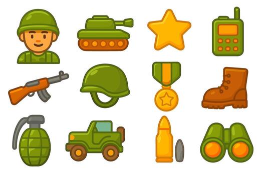 Ejército íconos colocar, Ejército soldado, Ejército equipo, Ejército arma, Ejército casco, Ejército sombrero vector