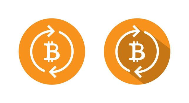 Bitcoin loop arrow icon with long shadow. Digital currency exchange or cryptocurrency rotation symbol vector