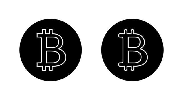 Bitcoin outline logo in black circle. Blockchain currency and crypto coin icon vector