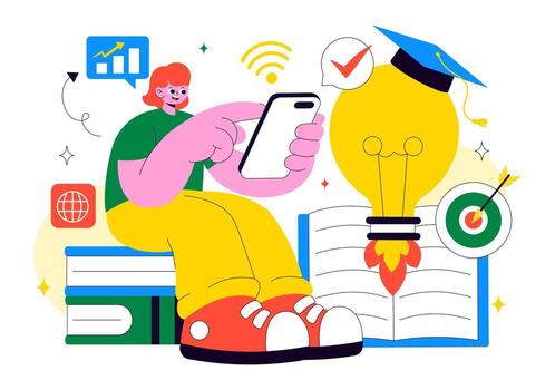 Online Education Startup Illustration with Creative E-Learning Platform and Digital Knowledge Tools vector