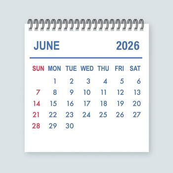 June 2026 calendar page showing dates and days vector