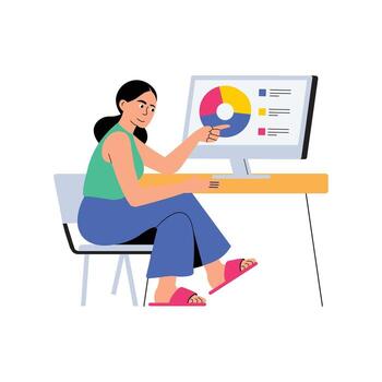 Woman working with computer data visualization vector