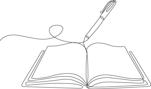 Continuous One Line Drawing of Open Book with Pen Writing vector