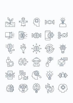 artificial inteligencia y máquina aprendizaje contorno icono colocar, sus incluso íconos me gusta etiqueta vector