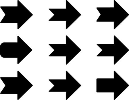 Collection of nine distinct black arrow graphics pointing rightward for navigation and directional design vector