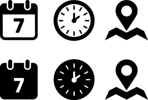 Calendar clock and location icons set for planning and scheduling business concepts vector
