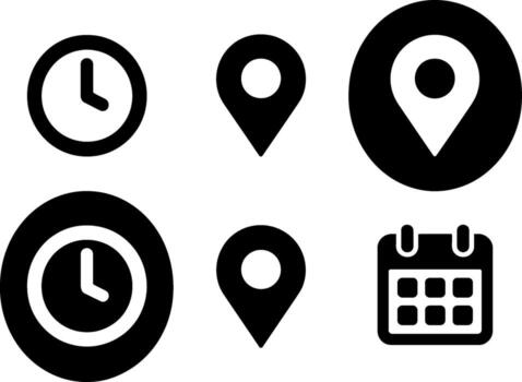 Set of clock and location pin icons with calendar for time and navigation planning vector