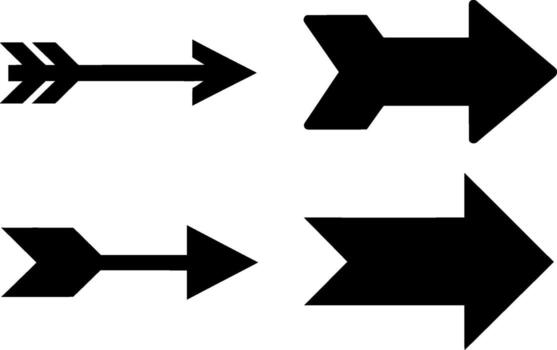 Set of four black arrow icons pointing rightward in different styles vector