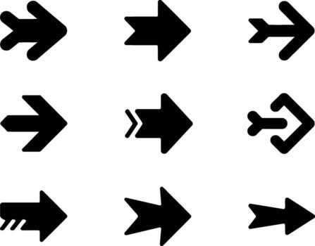 Collection of diverse black arrow icons pointing rightward for navigation and directional design vector
