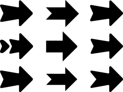 Collection of nine black arrows pointing rightward in various styles and sizes vector