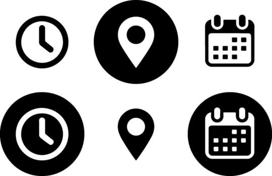 Simple circular icons set clock location pin calendar time management event planning graphics vector