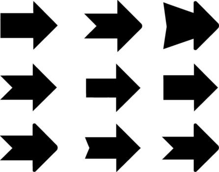 Collection of nine black arrows pointing rightward in various stylistic forms vector