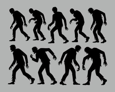 Collection of silhouette figures representing zombies in motion and various poses vector
