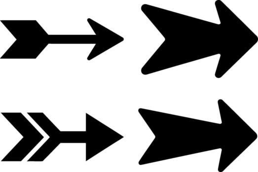 Four black directional arrow icons pointing right in different styles vector