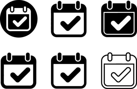 Set of six calendar icons featuring a checkmark symbol for completed tasks and events vector