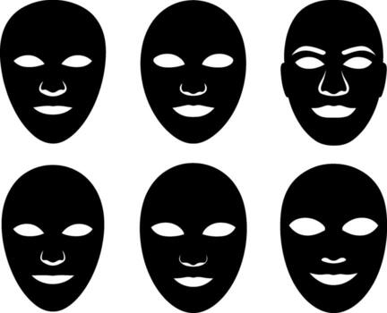 Six diverse black facial masks with expressive features and different emotions displayed in a grid layout vector