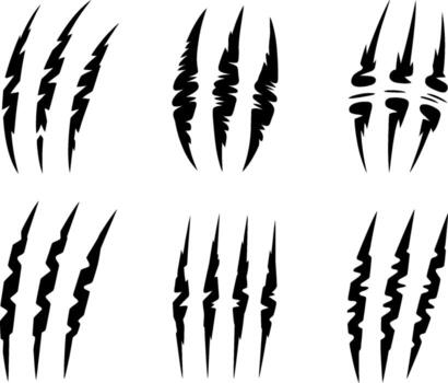 Set of six black claw marks scratch textures graphic elements for design projects vector