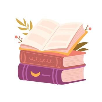 Stack of books and open book with branches. Blooming books, paper sheets with flowers. Flat illustration isolated vector