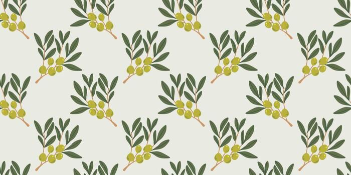 Seamless pattern with olive branches. Tree branch with leaves and olives, botanical ornament for fabric and packaging. Flat plants vector