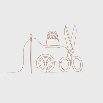 soltero continuo línea dibujo de de coser herramientas incluso un dedal, aguja, tijeras, y hilo en un llanura vector