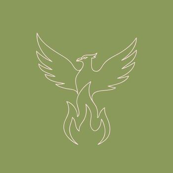 minimalista línea dibujo de un mítico fénix creciente con extendido alas en un suave verde vector