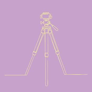 Minimalist Line Drawing of a Professional Tripod with Camera Mounting on a Soft Purple vector