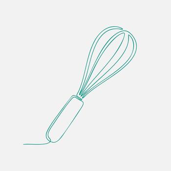 Minimalist line drawing of a handheld whisk with a simple handle and wire loops for mixing and whisking ingredients vector