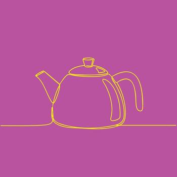 Minimalist continuous line drawing of a classic teapot with a curved handle and spout on a vibrant purple vector