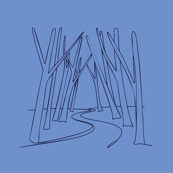 Minimalist line drawing of a winding forest path surrounded by tall, slender trees on a solid blue vector