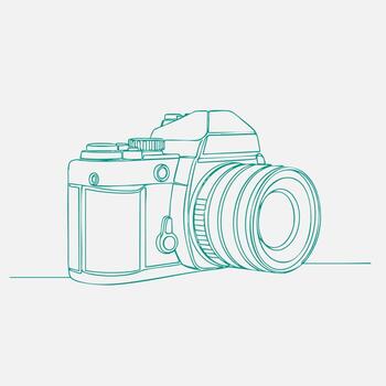 Detailed line drawing of a professional digital single-lens reflex camera with a large lens attached, emphasizing technical features vector