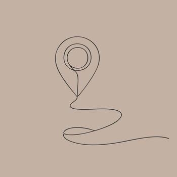 Minimalist continuous line drawing of a location pin with a winding trail on a neutral vector