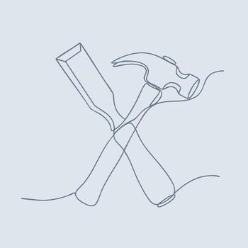 Minimalist line drawing of a hammer and a chisel crossed over each other on a light vector