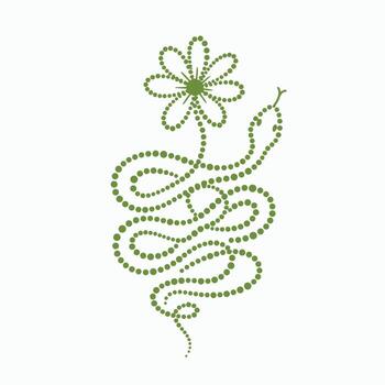 Stylized green snake intertwined with a flower composed of dotted lines on a vector