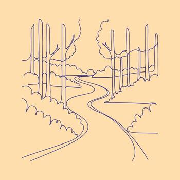 Minimalist Line Drawing of a Winding Road Through a Forest with Tall Trees and Bushes on a Soft Beige vector
