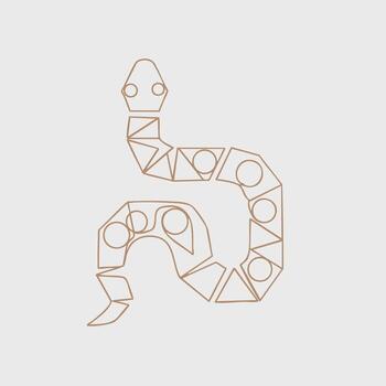 Stylized geometric snake composed of interconnected shapes with circular and angular elements on a light vector