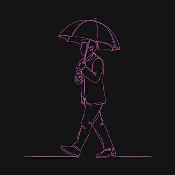 neón contorno de un persona caminando con un paraguas en un oscuro , enfatizando minimalista y moderno estilo diseño vector