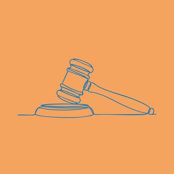 Minimalist line drawing of a judge's gavel resting on a sound block against a soft vector