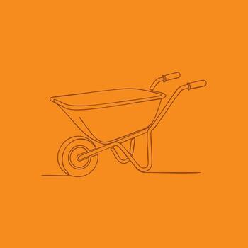 Minimalist line drawing of a wheelbarrow with a large container and handles on an orange vector